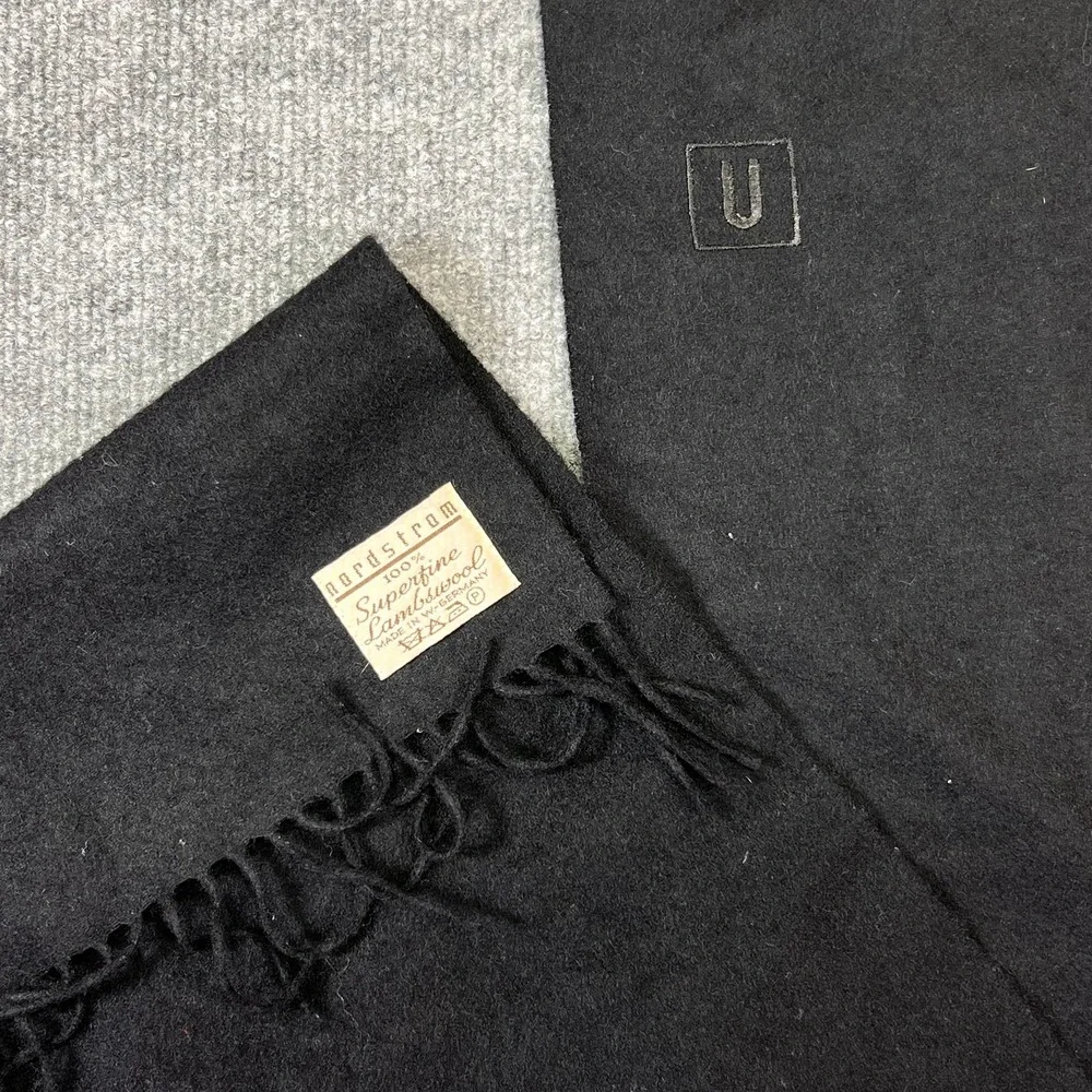 Vintage Nordstrom Scarf Mens One Size Black 100% Lambswool Fringe West Germany